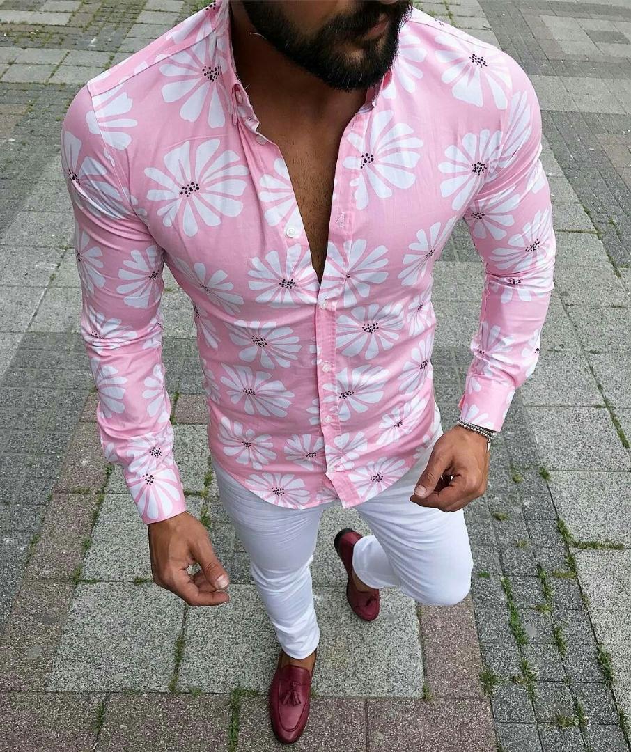 

2019 fashion streetwear slim fit dress shirts men good quality hawaiian shirt camisa social masculina, Pink