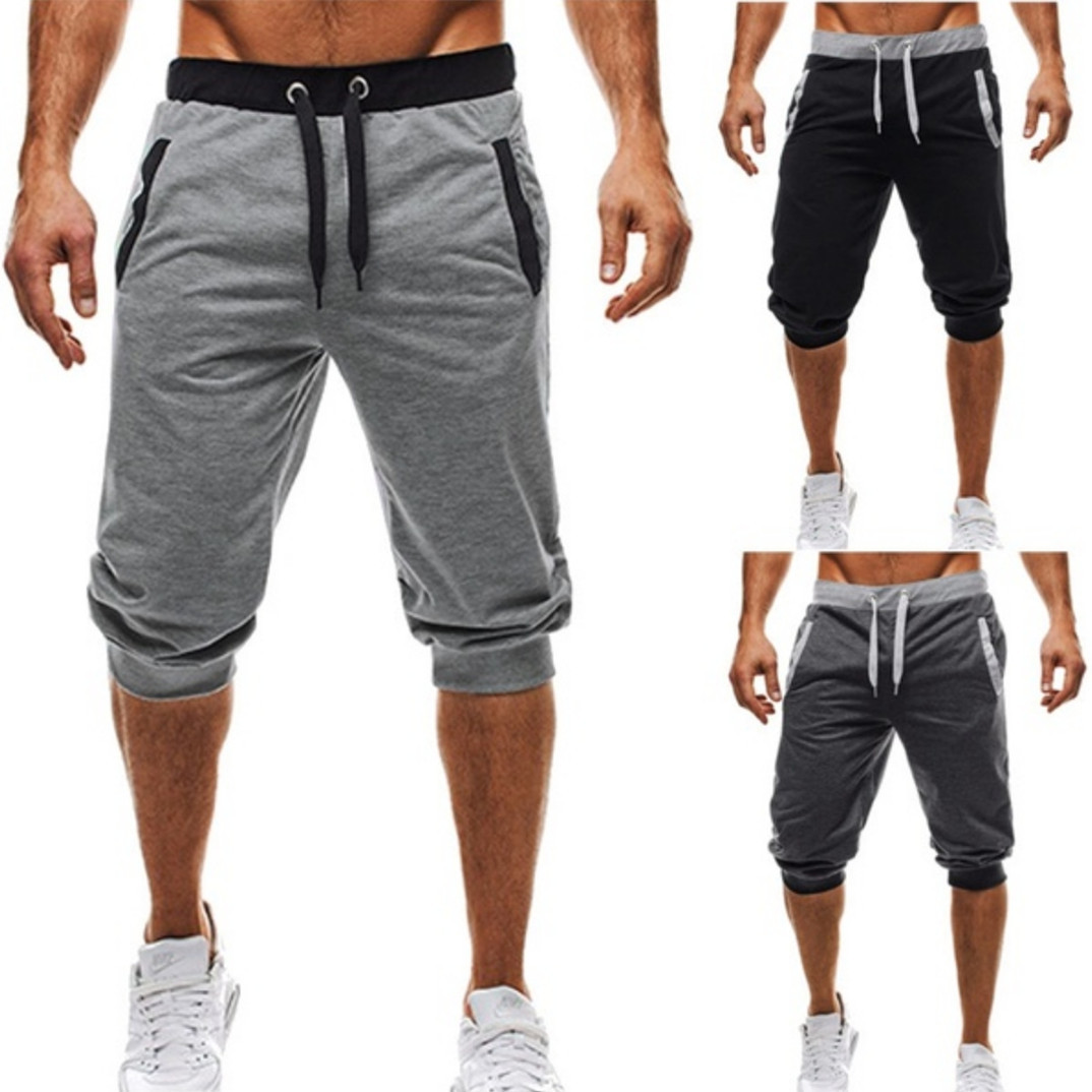 

Men's Cropped Pants Solid Calf Length Pant Cotton Summer Men's Capri Pants Elastic Wasit Casual Male Cropped Trousers YZ, Light grey