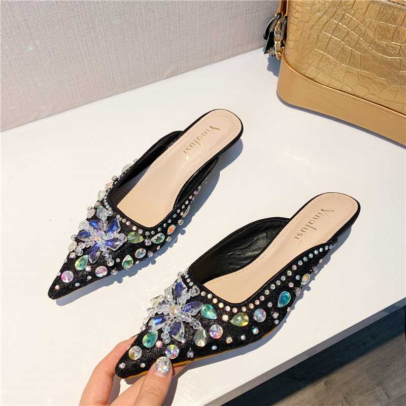 

Slippers women wear 2020 summer new pointed toe rhinestone fashion wild sandals and slippers, White
