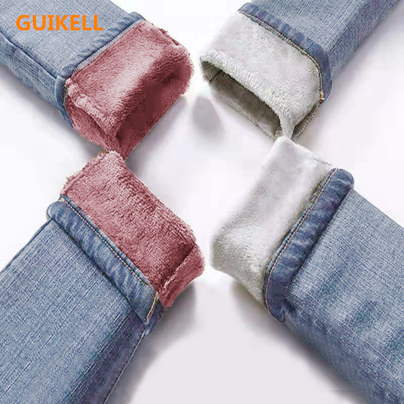 

GUIKELL Winter Warm Jeans Lady High Waist Casual Velvet Ladies Trousers Female Pantalon Denim jeans for Women Pants Plus size, Light blue brown