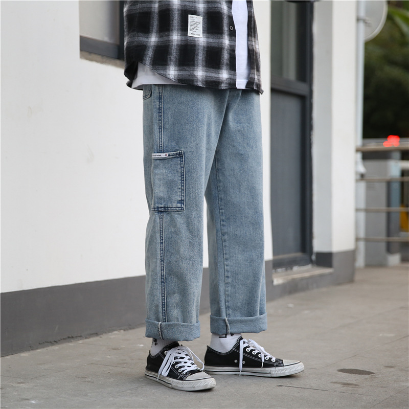 

Spring and autumn 2020 Fashion Casual Korean loose pockets wide leg pants male daddy jeans loose student straight trousers, Black