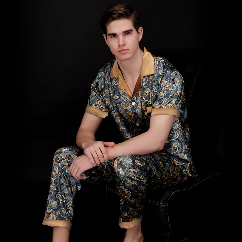 

2020 Man's Casual Loose Silk Pamajas with Middle Sleeve Regular Sleeve and V neck,Comfortable Summer Pajamas for men TZ021 SY018