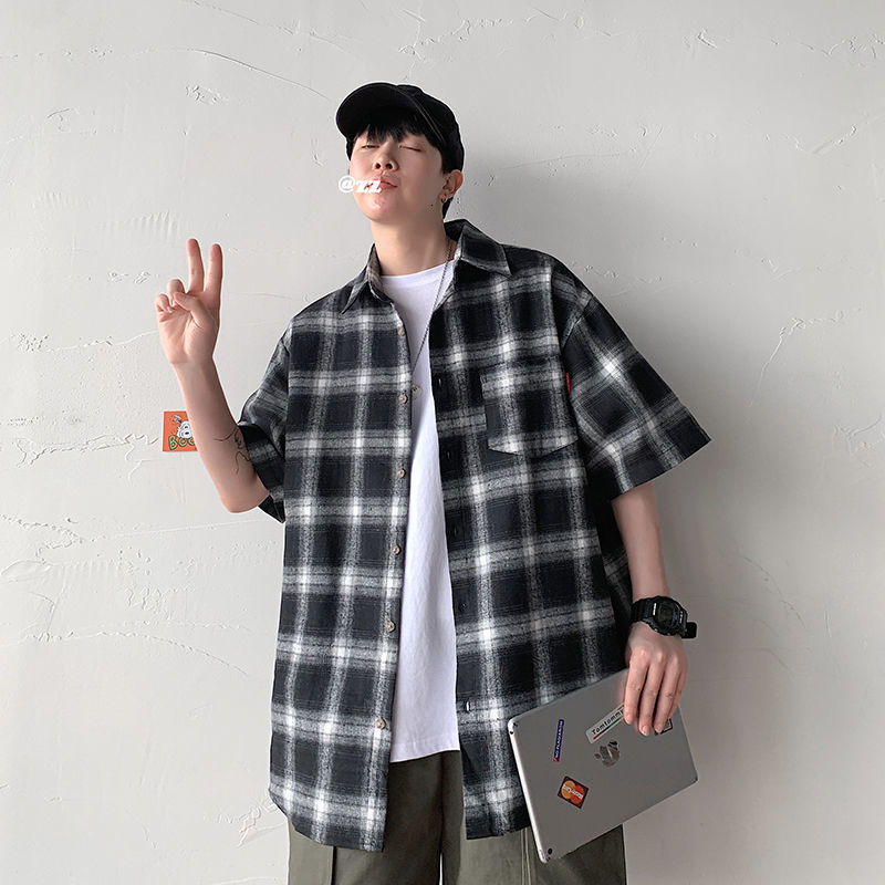 

Man Woman Officce Summer Plaid Shirts 2020 Mans Fashion Loose Short-sleeved Shirt Men's Couple Streetwear Clothing, Black