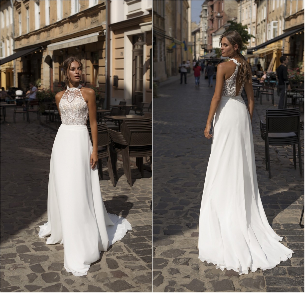 

2020 Lace Wedding Dresses Halter Neck Appliques Satin Bridal Gowns Custom Made Backless Sweep Train A Line Wedding Dress Robe De Mariee, Gold