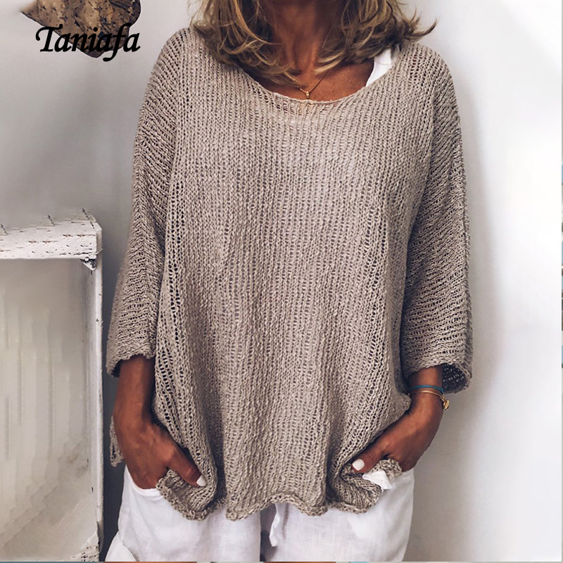 

Taniafa 2019 New Autumn Hollow Out Knitted Women Fashion Casual Tops Loose Solid Color Pullover Knitwear Plus Size ~5XL, Blue