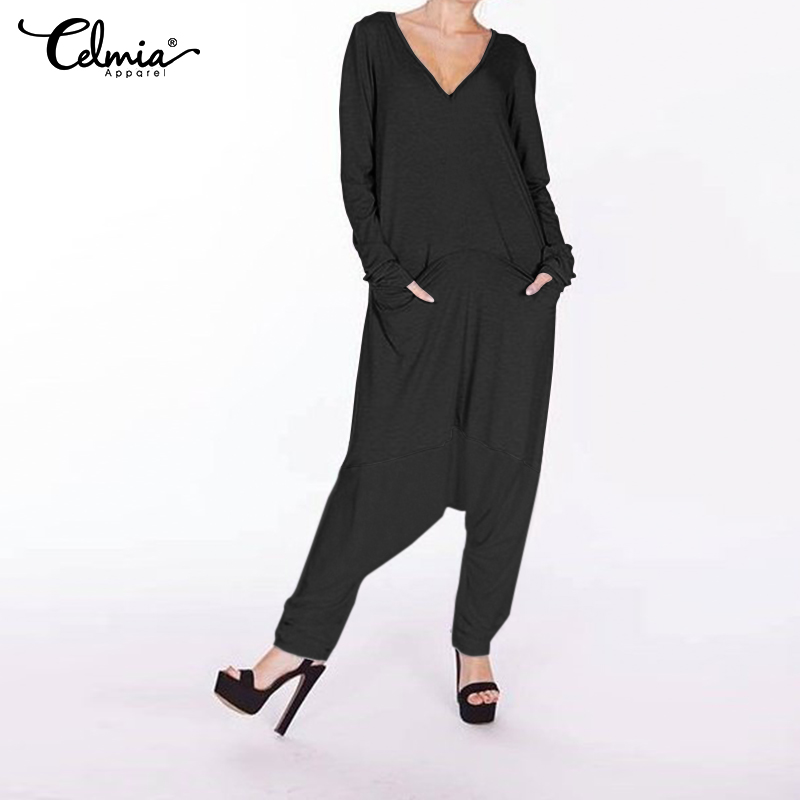 

Celmia Women Jumpsuits Romper Casual Baggy Harem Pants Drop Crotch Playsuits Macacao Feminina Long Sleeve Plus Size Overalls 5XL, Black