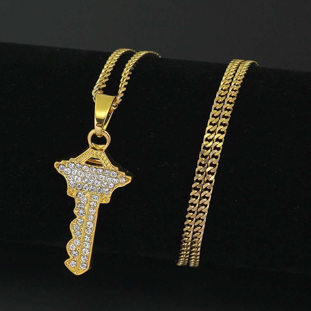 

hip hop diamonds key pendant necklaces for men women luxury lovers pendants alloy rhinestone gold chain necklace jewelry gifts free shipping
