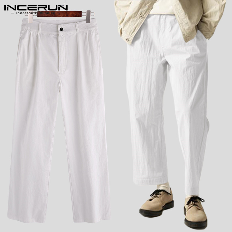 

INCERUN Solid Color Men Pants Button Joggers Cotton Loose Streetwear Casual Straight Pants Long Trousers Men Pantalones -5XL, White pants