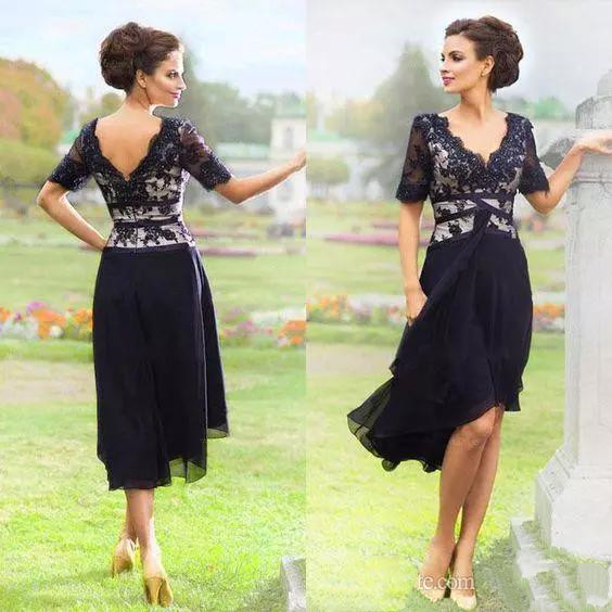 

New Arrival Navy Blue 2019 Elegant Country Mother Of The Bride Dresses With Half Sleeves V Neck Lace Evening Dresses Tea Length