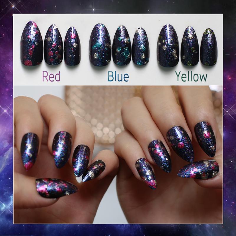 

24PCS Blue Outer Space 3D flash Stiletto false Nails Purple Galaxy Fake Nails Almond Starry sky yellow Dream space Pointed