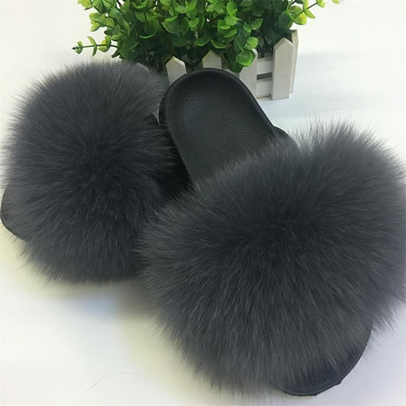 

Real Fur Slippers Women Home Fluffy Sliders Comfort With Feathers Furry Summer Flats Sweet Ladies Shoes Large Size 45 Home, Fox hair navy blue