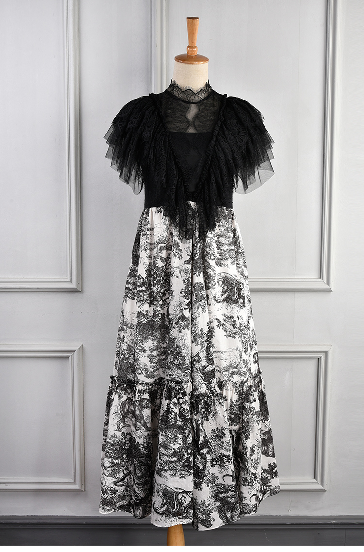 

Milan Runway Dress 2019 Vintage Black Lace Ruffles Ink Animal Print Long Women Dress Designer Vestidos De Festa yy-49, As the picture
