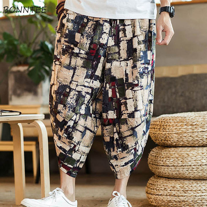 

Men Casual Pants Linen Printed Hip-Hop Plus Size 5XL Oversize Harem Trousers Loose Vintage Calf-length Breathable Streetwear, 510