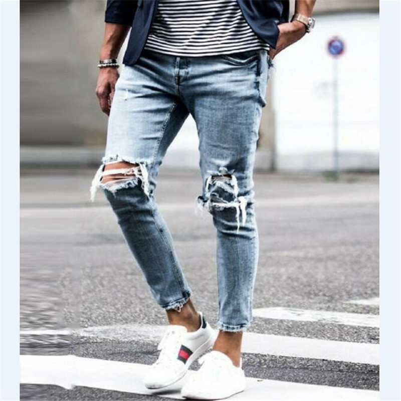 

Cool Style Men Jean Pencil Pants Vintage Hole Long Denim Trouser Casual Ripped Jeans Hip Hop Streetwear Male Clothing 2020 New, As pic