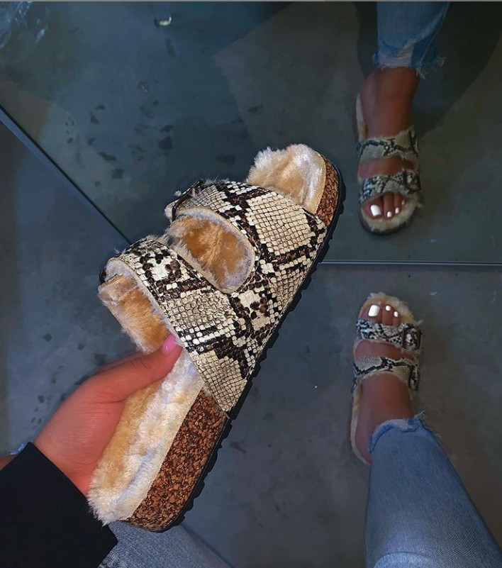 

Hot Sale-men Warm Plush Leather Flip Flop Leopard Fur Slippers Sandals Women's Shoes Wild Fashion Slippers For Women, Black
