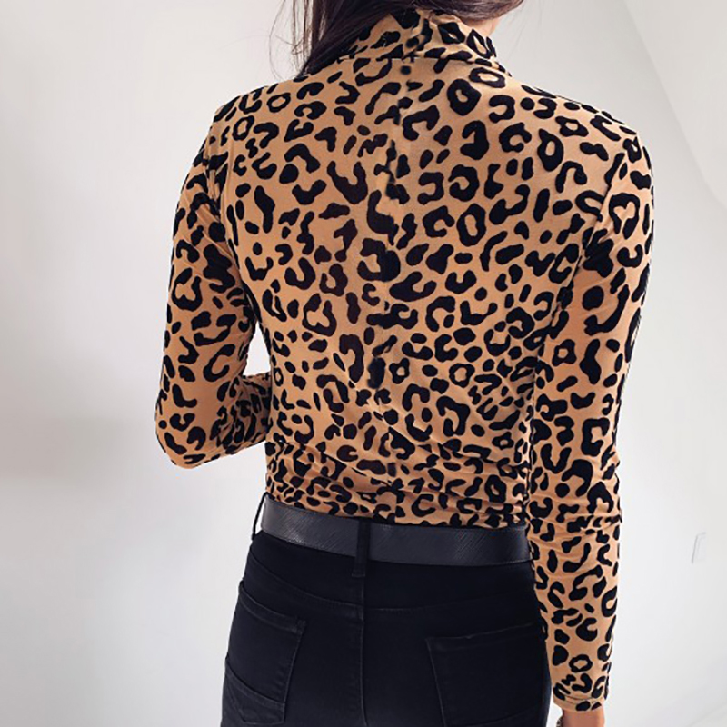 

WomenAutumn New Thin Section Slim Leopard Half-high Collar Pullover Long-sleeved Tops, As the picture