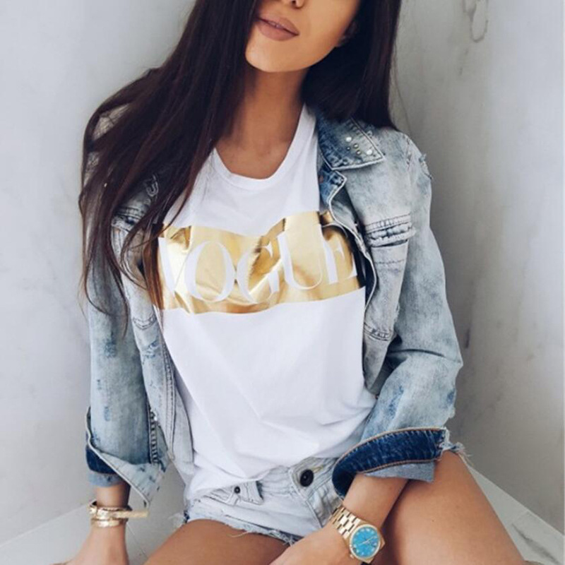 

Wholesale quick sale Amazon wise European and American popular source of goods vogue short sleeve summer tshirt female manufacturer, 293 white + gold