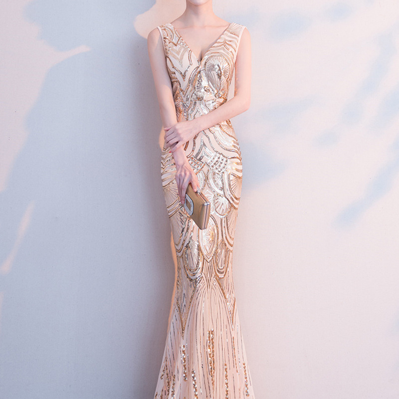 

2020 Promotion Vestidos Celebrities Dress The New 2020 Dinner Party Elegant Tail Long Golden Host Sequins Show Thin Evening, See chart