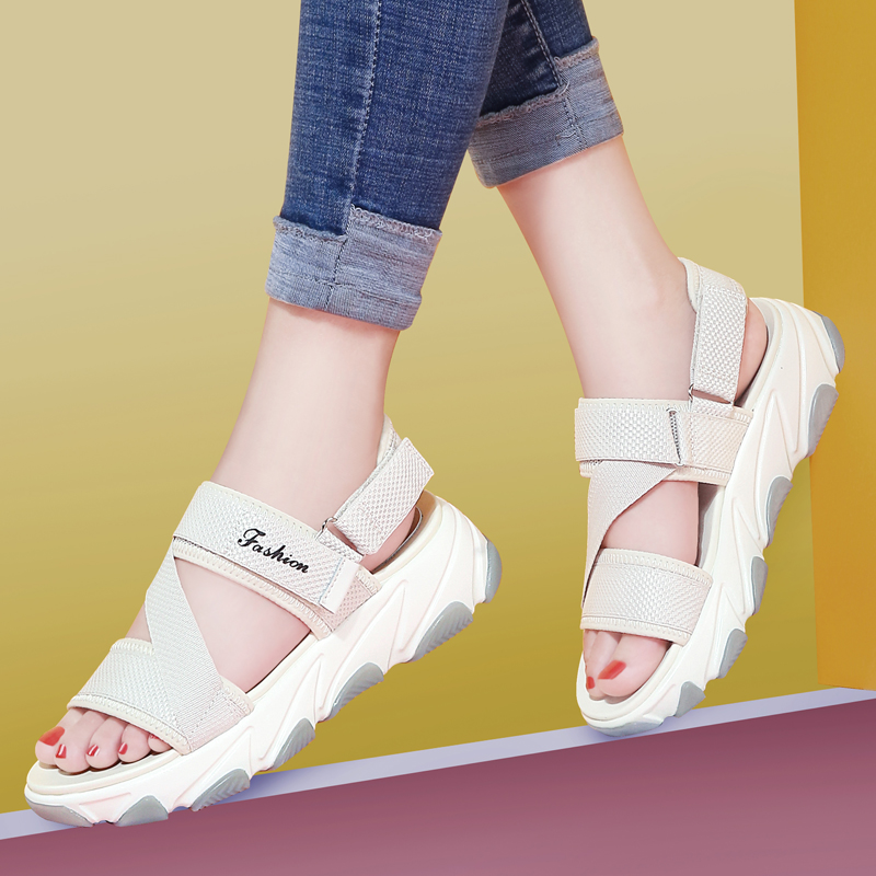 

Sandals Women MOOLECOLE High Quality Women Shoes Hook&Loop Black/Beige Sandals Casual Fashion Shoes For 2-9623