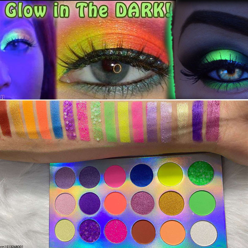 

18 Colors Glow in the Dark Fluorescent Neon Eyeshadow Palette Matte Glitter Shimmer Eye Shadows Makeup Smoky Party Makeup, 1 set 02
