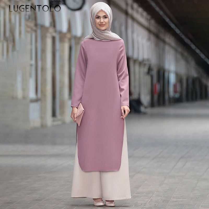 

Lugentolo Muslim Wear for Women Plus Size Simple Two-piece Long Evening Dress Polyester Long Sleeve Loose Wide Leg Pants