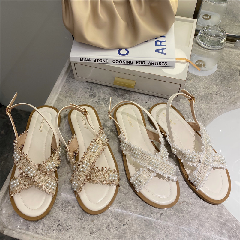 

2020 Casual Women Open Toe Sandals Beaded Shoes New Summer Beach Flat Sandals Lady Pearl Soft Slingback Female Sandalia, Khaki