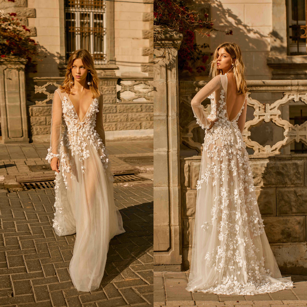 

2019 Illusion Berta Wedding Gowns Deep V Neck A Line Lace 3D Floral Appliqued Sexy Wedding Dresses Long Sleeve Summer Boho Bridal Dress, Ivory