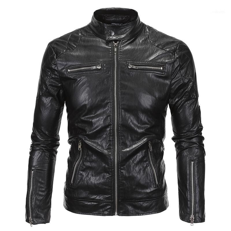 Wholesale- 2016 New Spring Autumn Leather Jacket Men Slim Standard Stand Collar Jacket Faux Leather Moto Coat Suede 18Y6191