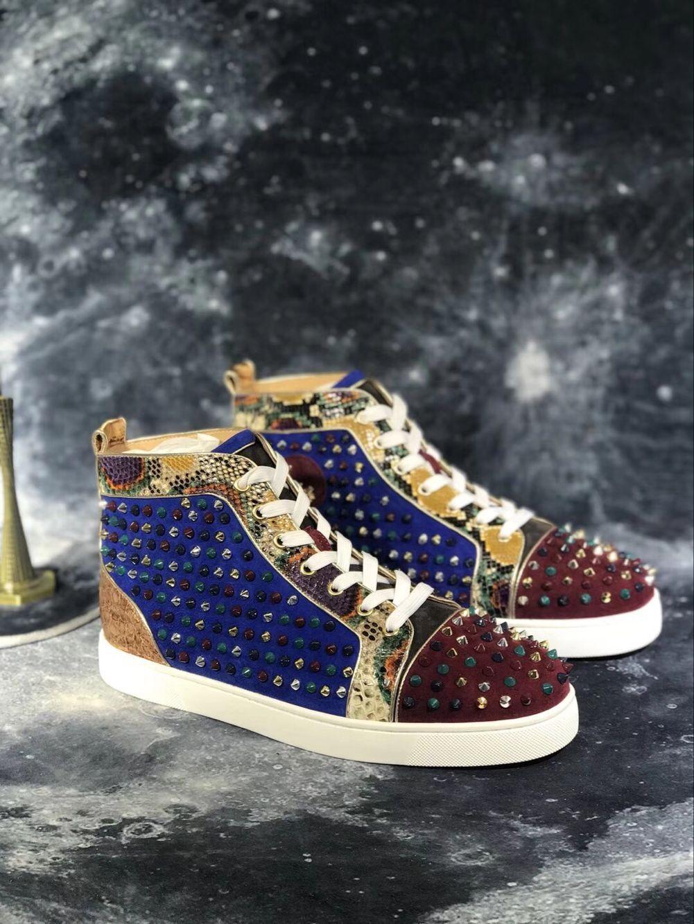 

Red suede leather with strass rhinestone high top spiked sneakers red bottom sneakers shoes for men women red sole leisure flats wedding, Black