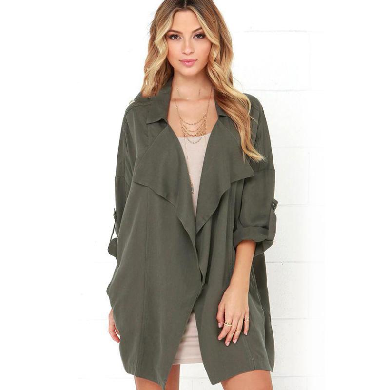 

Trench Coat Jacket Good Quality European And American Fashion Photo Shoot Cotton lapel Splice Slim-type, Green
