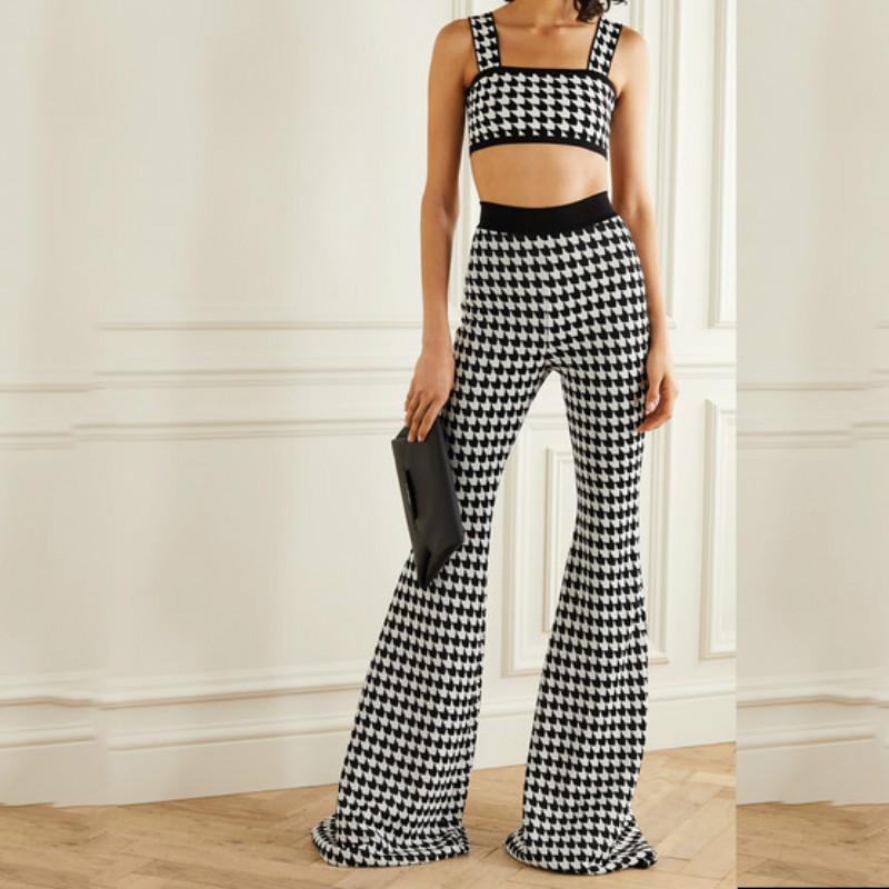 

Womens Designer Two Piece Outfit Sexy Tube Top & Boot Cut Pant 2020 Designer Luxury Clothes Houndstooth Knitted Tracksuits 2020 New, White