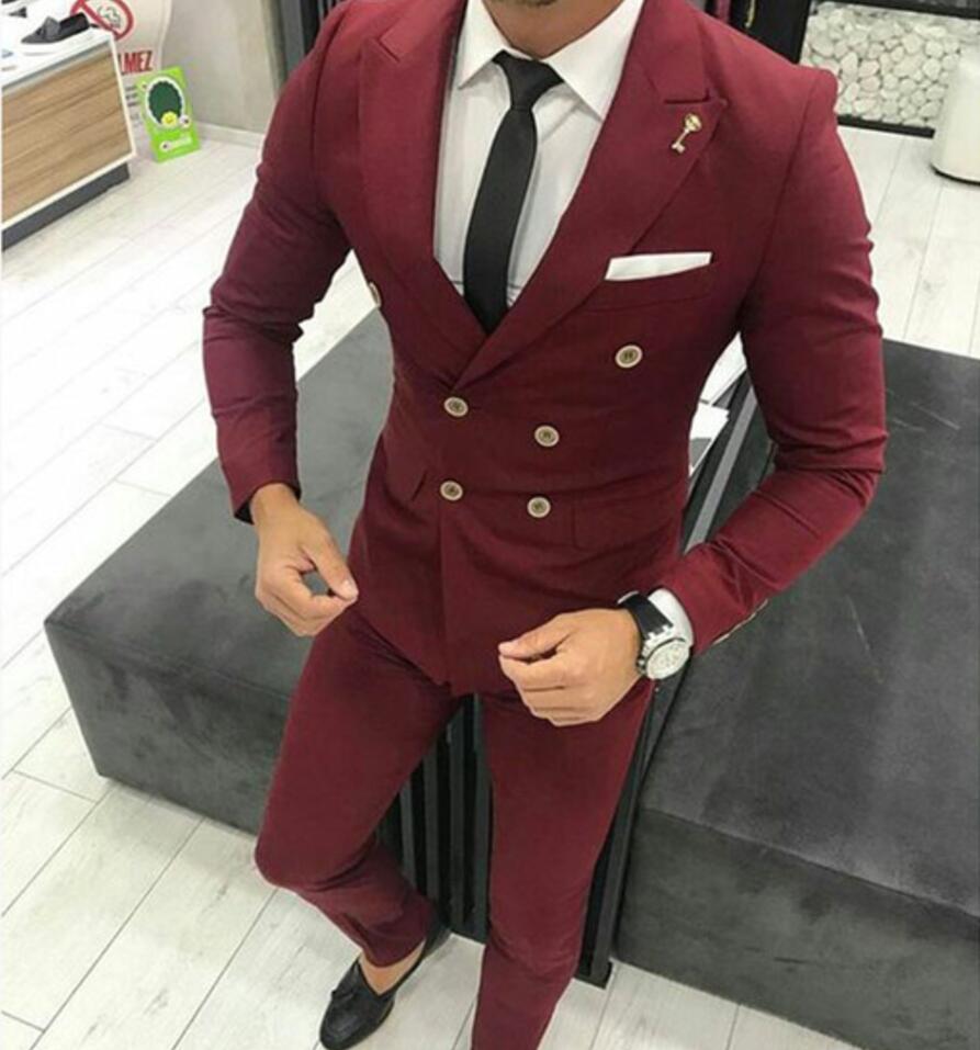 

XLY 2019 New Burgundy Men Suit For Wedding Blazer Slim Fit Double Breasted Bridegroom Men Suits Causal Prom Groom Tuxedos Terno 2Pieces Tux, White