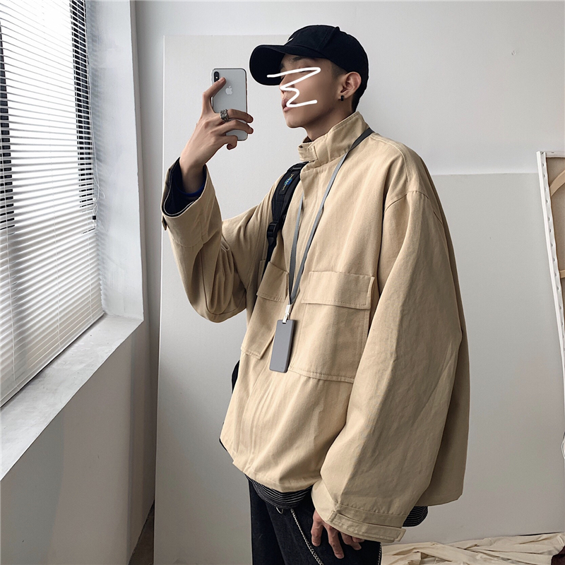 

2019 Autumn And Winter Men's New Casual Solid Color Tooling Pocket Decorative Zipper Stand Collar Jacket Loose Cotton, Black