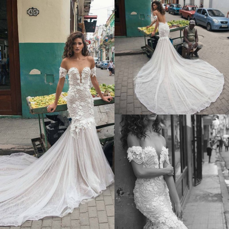 

2020 Luxury Mermaid Wedding Dresses Off Shoulder Backless Beading Beads Appliques Lace Wedding Dresses Court Train Vestidos De Novia, Dark green