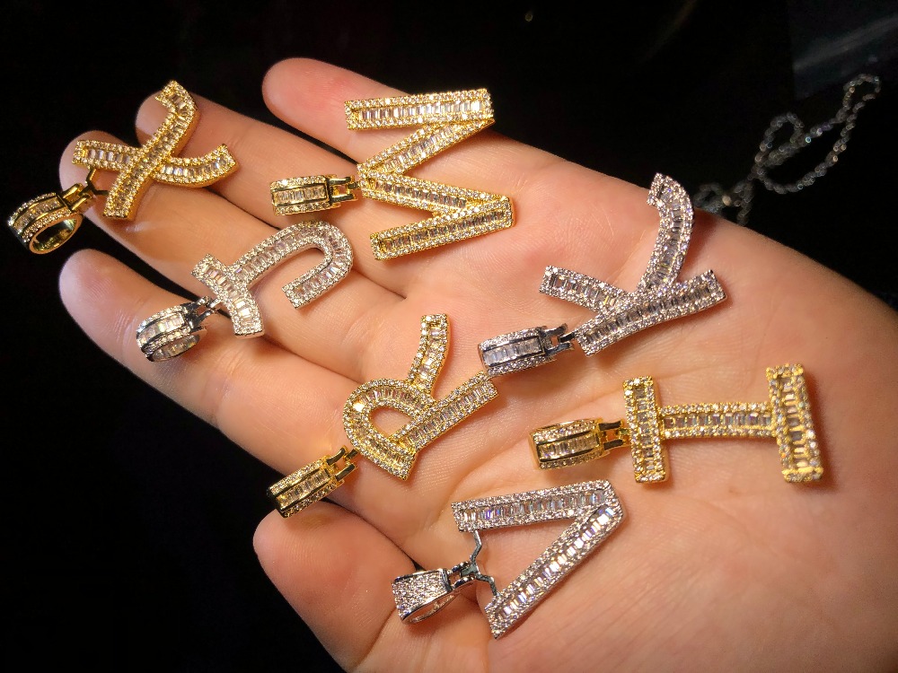 

A-Z Iced Out Baguette Letters Pendant Necklace Gold Silver Bling Zirconia Men Hip Hop Pendant With Rope Chain