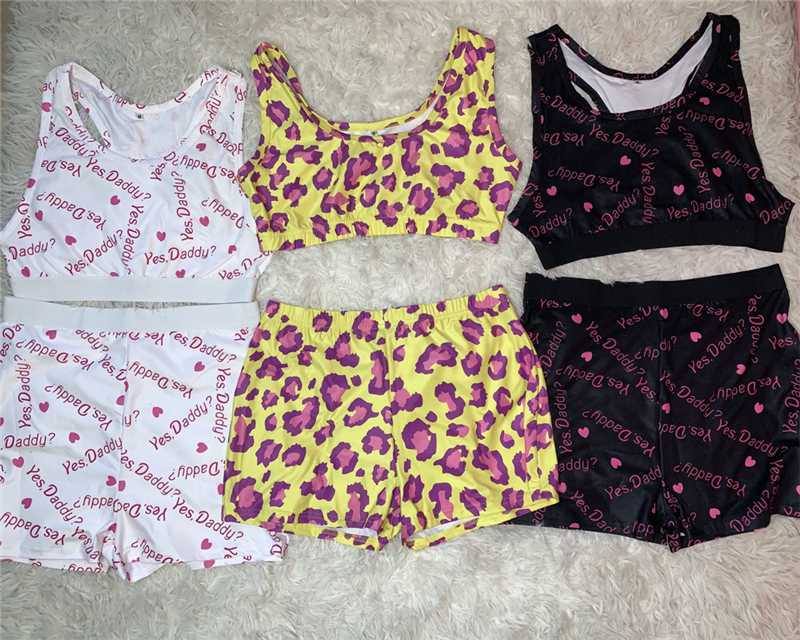 Dames Sexy Oui Papa Imprimé Décontracté Deux Pièces Ensemble Haut Court + Short Pantalon D'été Survêtement Court Femmes Sexy Moulante Vêtements D