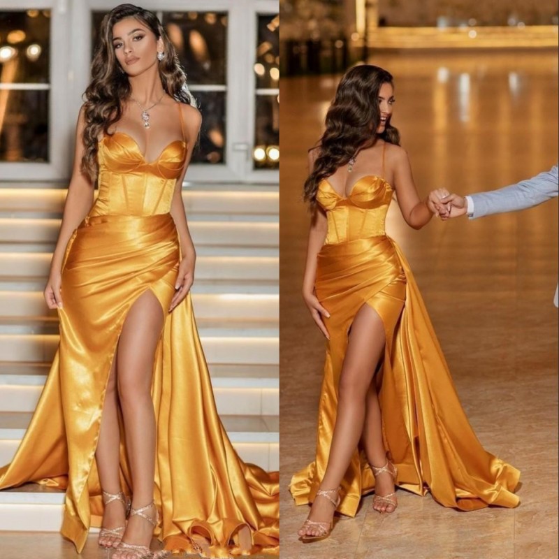 

Sexy Simple Gold Prom Dresses Spaghetti Satin High Side Split Evening Gowns Plus Size Arabic Formal Dress Abendkleider robe de, Ivory