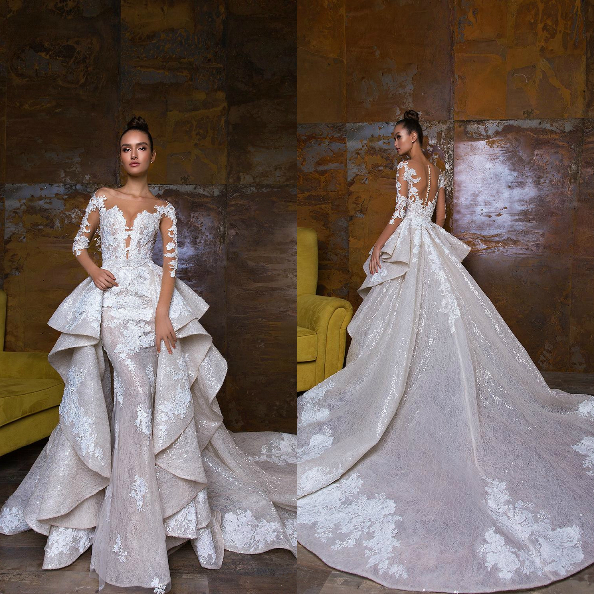 

Mermaid 2019 Wedding Dresses with Detachable Train 3/4 Long Sleeve Lace Appliqued Beads Overskirts Bridal Gowns Custom Made, Gold