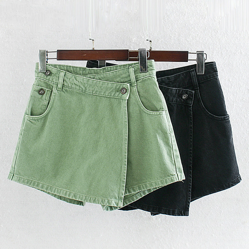 

EWQ] 2020 Summer New Jeans Shorts Womens Green Shorts Skirts High Waist Asymetrial Mini Skirts Denim Skorts Women QV637, Black