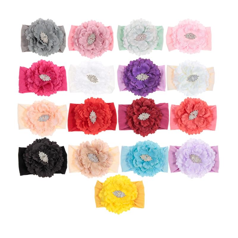 

10pcs/lot Newborn Toddler Baby Girls Headwraps Peony Flower with Rhinestone Knot Nylon Turban Headbands Cute Hair Accessories