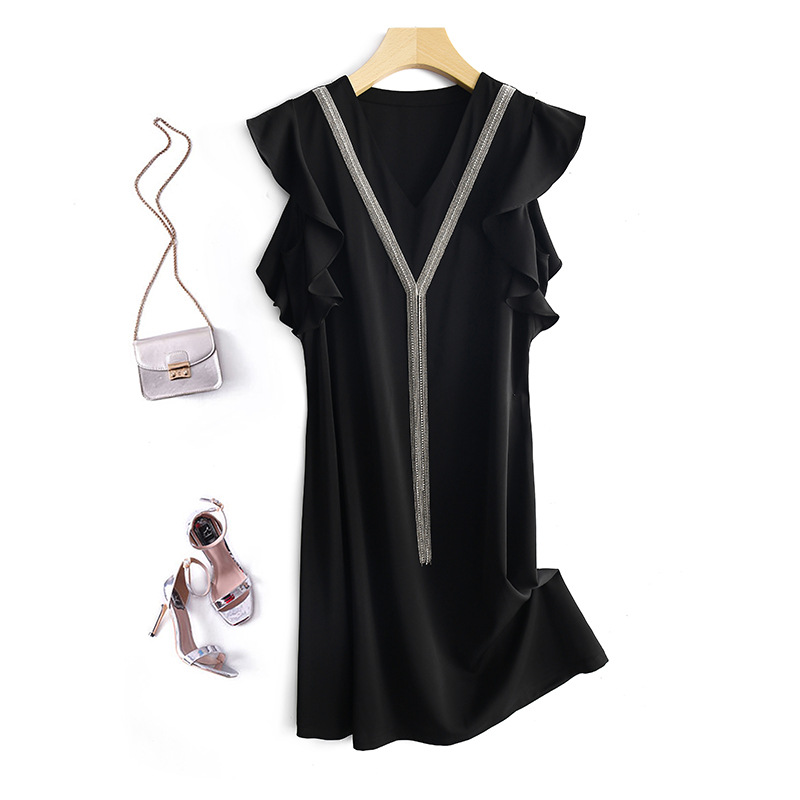 

2020 New Design Sexy European Party Dresses Women Luxury Ruffles Chain Short Sleeve Beading Mini Dress, Black