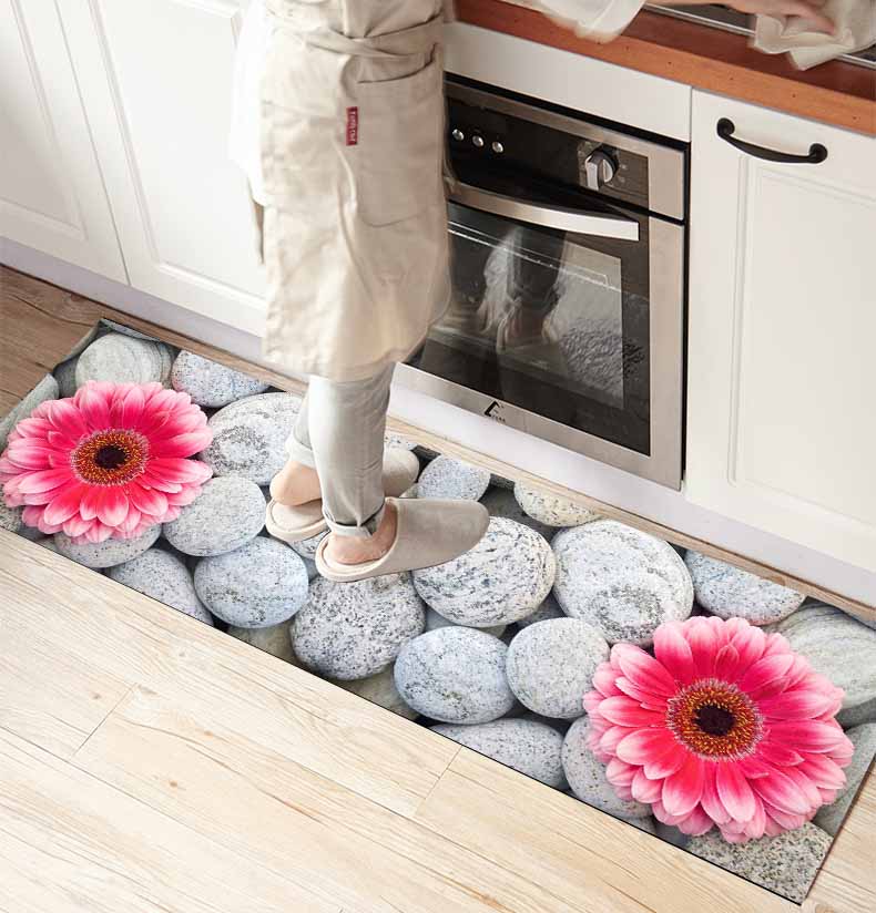 

Else Gray Pebble Stones Pink Flowers 3d Print Non Slip Microfiber kitchen counter Modern Decorative Washable Area Rug Mat, As pic