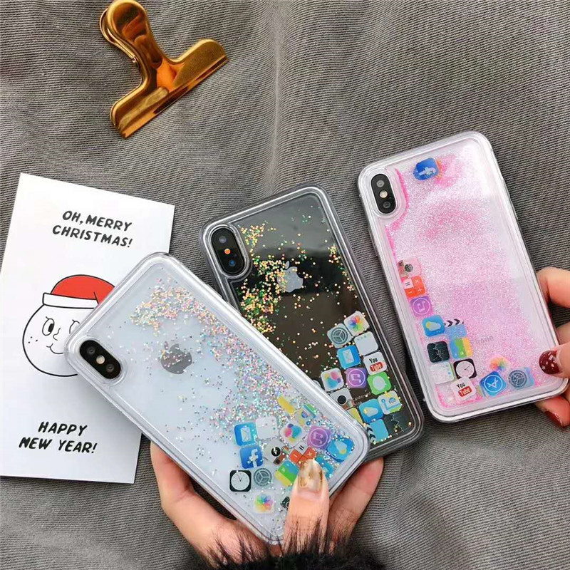 

Quicksand Hard PC Clear Case For iPhone 11 pro X XS MAX XR Dynamic Liquid Case for iPhone 7 8 6 plus Cover Cute APPS ICON Case, Pink