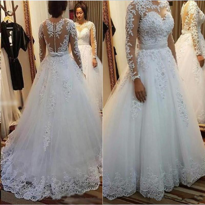 Manches longues Tulle A Ligne Robes de mariée avec dentelle Appliques 2021 Button Back Robe de mariée Vestidos de Novia