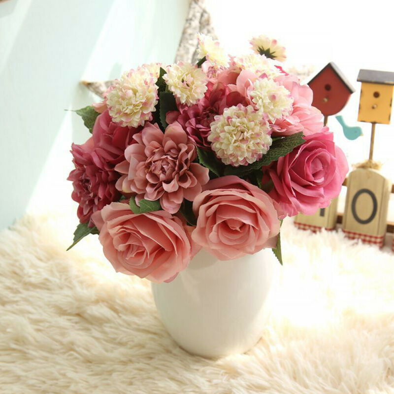 

Rose Flower Dahlia Bridal Wedding Bouquet Plant Leaves Home Office Decoration I1, Blue