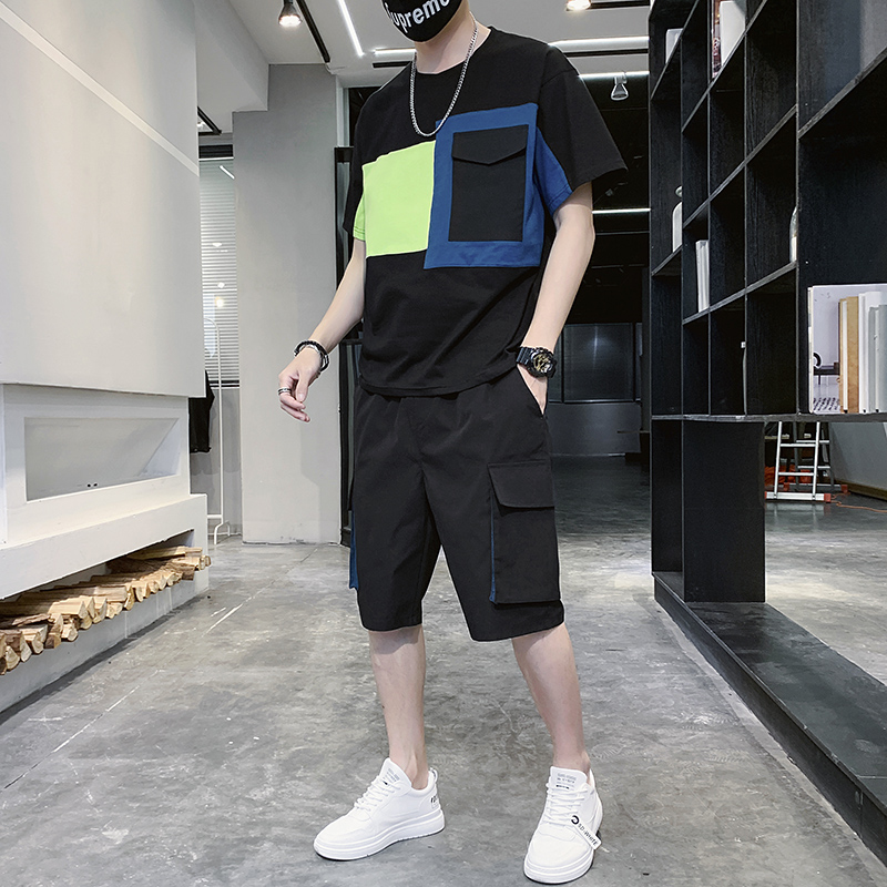 

Tracksuit 2019 New Summer Men Sporting Suit Short Sleeve T-shirt+Short Hip Hop 2Piece Set Patchwork Sweatsuits For Men Clothing, Black