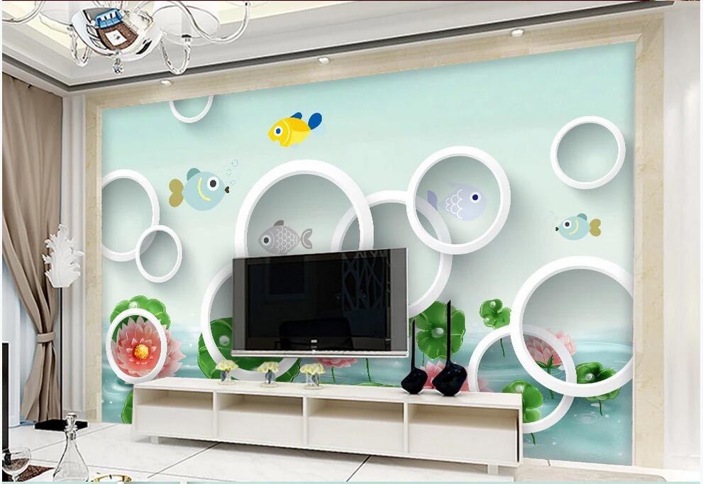 

WDBH 3d wallpaper custom photo Modern minimalist 3D circle cartoon lotus flying fish background wall home decor 3d wall wallpaper for walls, Non-woven wallpaper