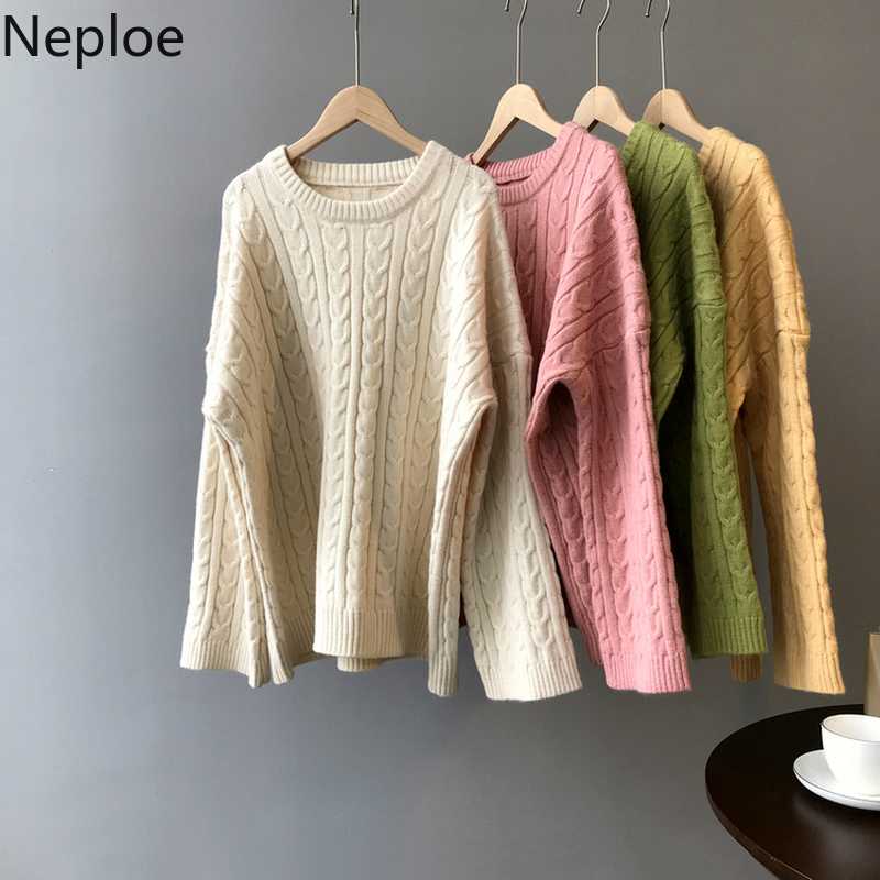 

Neploe Autumn Solid Bottom Knit Student Sweater O Neck Cross Twist Pullovers Simple Wild Thick Pull Femme Hiver 45872, Green