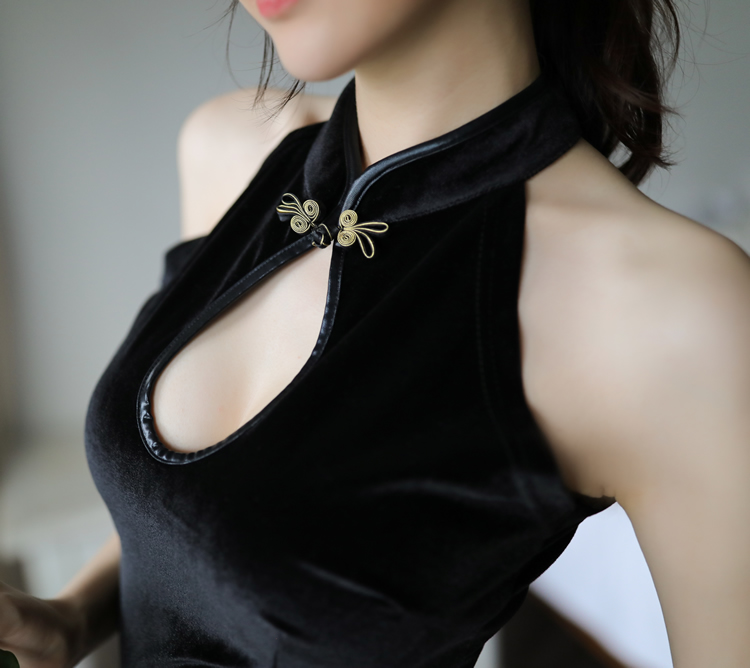

women Embroidered Retro Cheongsam Sexy Temptation Underwear Babydoll Lingerie Nightwear Dress Black Velvet Sexy Costumes