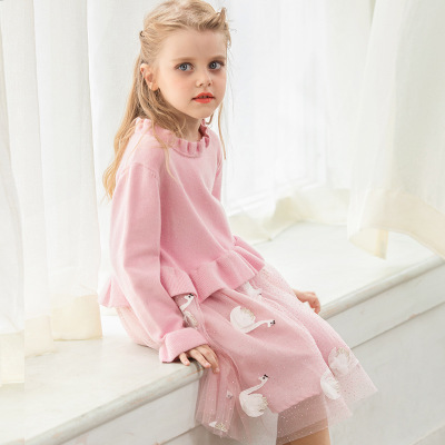

Kids Luxury Dress Girls Brand Knitted Mesh Puff Princess Dress Childrens Swan Print Skirt Solid Color Lace Dresses 2019 Top Quality, Pink